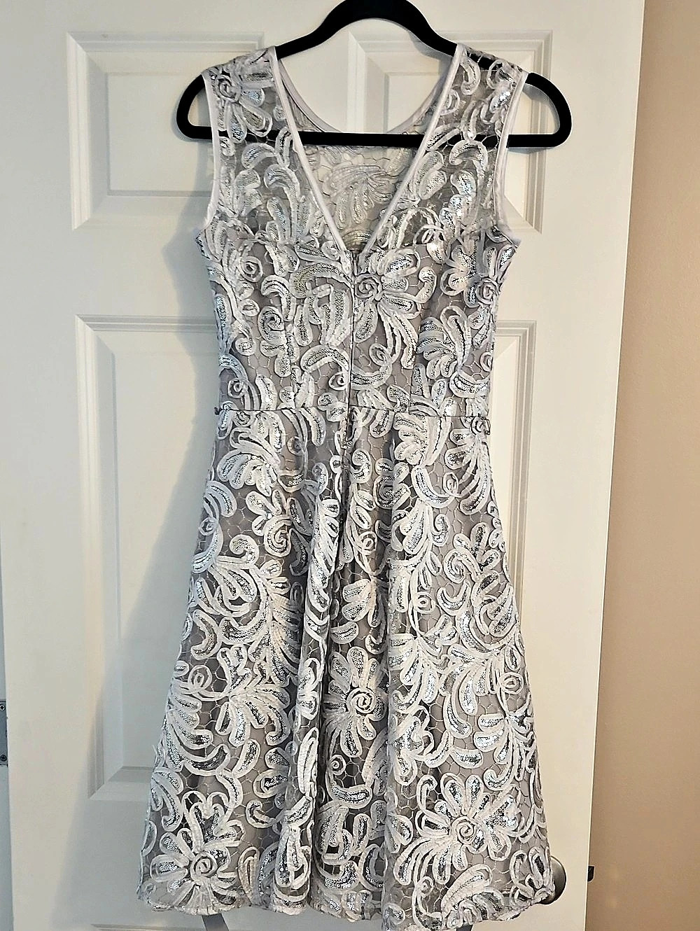 Betsy & Adam Sequin Midi Dress in Silver & Gray